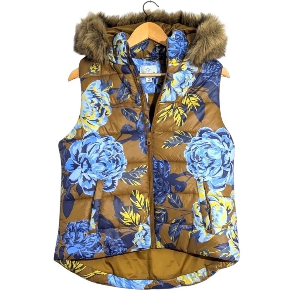 NWOT Offline by Aerie Puffer Vest Floral Print Brown Blue Faux Fur Hood Small‎